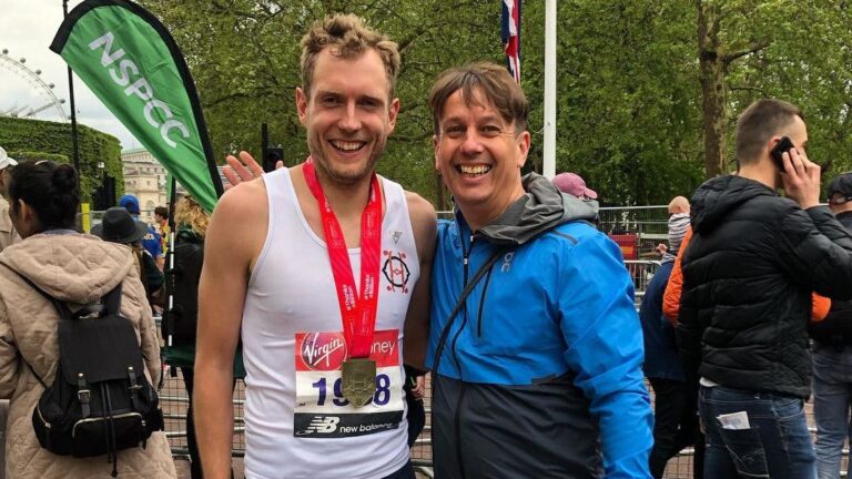 Nick Harris-Fry wearing London Marathon finisher