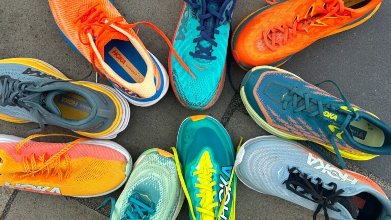 Selection of Hoka running shoes arranged in a circle