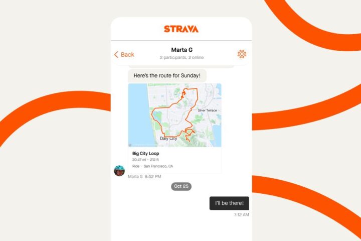 Screenshot of messaging in Strava app, including map with route overlaid in red. Along with assorted details, the messages read:"Here’s the route for Sunday!" and "I