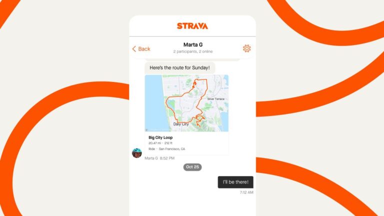 Screenshot of messaging in Strava app, including map with route overlaid in red. Along with assorted details, the messages read:"Here’s the route for Sunday!" and "I